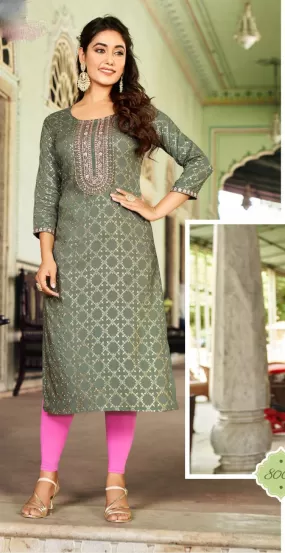 Alluring Green Colored Rayon Foil Print Designer Kurti With Fancy Embroidery Work