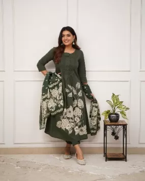 Army Green Self Print Cotton Salwar Suit Set