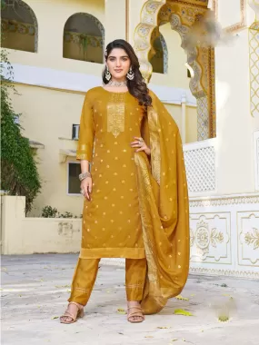 Attractive Mustard Yellow Color Jacquard And Khatli Work Salwar Suits With Fancy Dupatta Set For Women