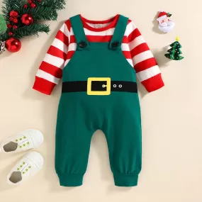 Autumn and Winter Baby Boy Christmas Day Cute Striped T   Green Backpack Pants Two-piece Set