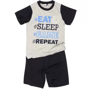 Boys Eat Sleep Game Repeat Shortie Grey & Black Pyjamas