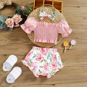 Bubble Sleeve Bow Top Printed Shorts hair Band Three-piece Suit