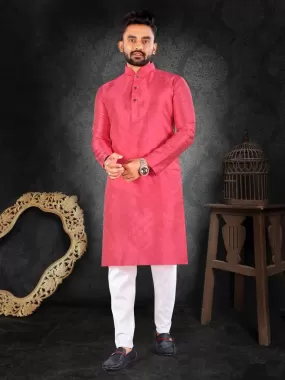 Butti Weaving Pink Traditional Men's Kurta Pajama Set