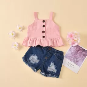 Children's Sling Single Breasted Ruffle Top Button Hole Jeans Children's Suit