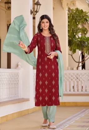 Dazzling Embroidery Work Rayon Kurti With Dupatta For Women