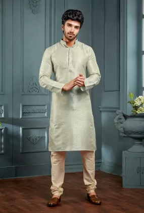 Dazzling Poly Cotton Jacquard Mens Kurta Sets In Grey Color