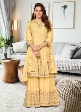 Dazzling Yellow Colored Heavy Chinon Embroidery Work Palazzo Suits With Dupatta