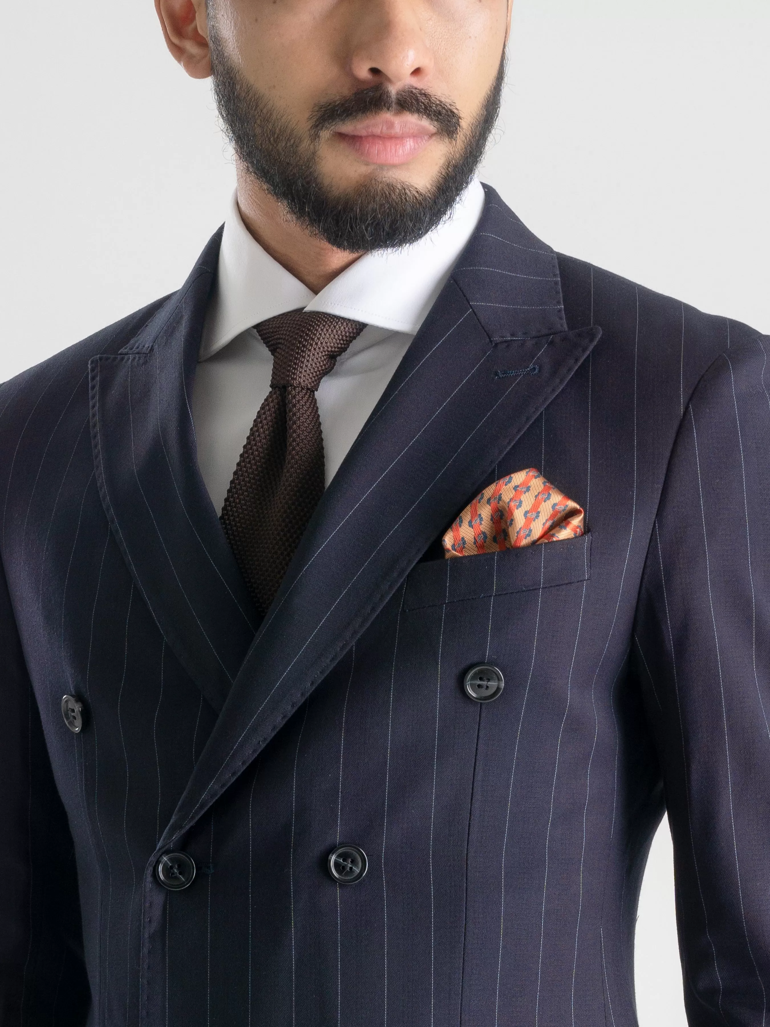 Double Breasted Suit Blazer - Deep Blue Stripes (Peak Lapel)