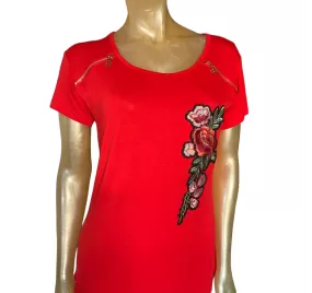 Flower design patch scoop neck T-shirt (Multiple Colors)