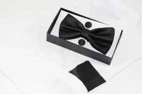 Mens Black Matching Bow Tie, Pocket Square & Cuff Links Set