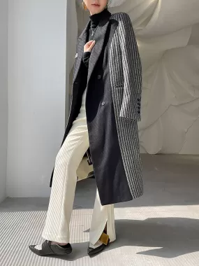 Noelle Colorblock Striped Double Breasted Wool Blend Coat