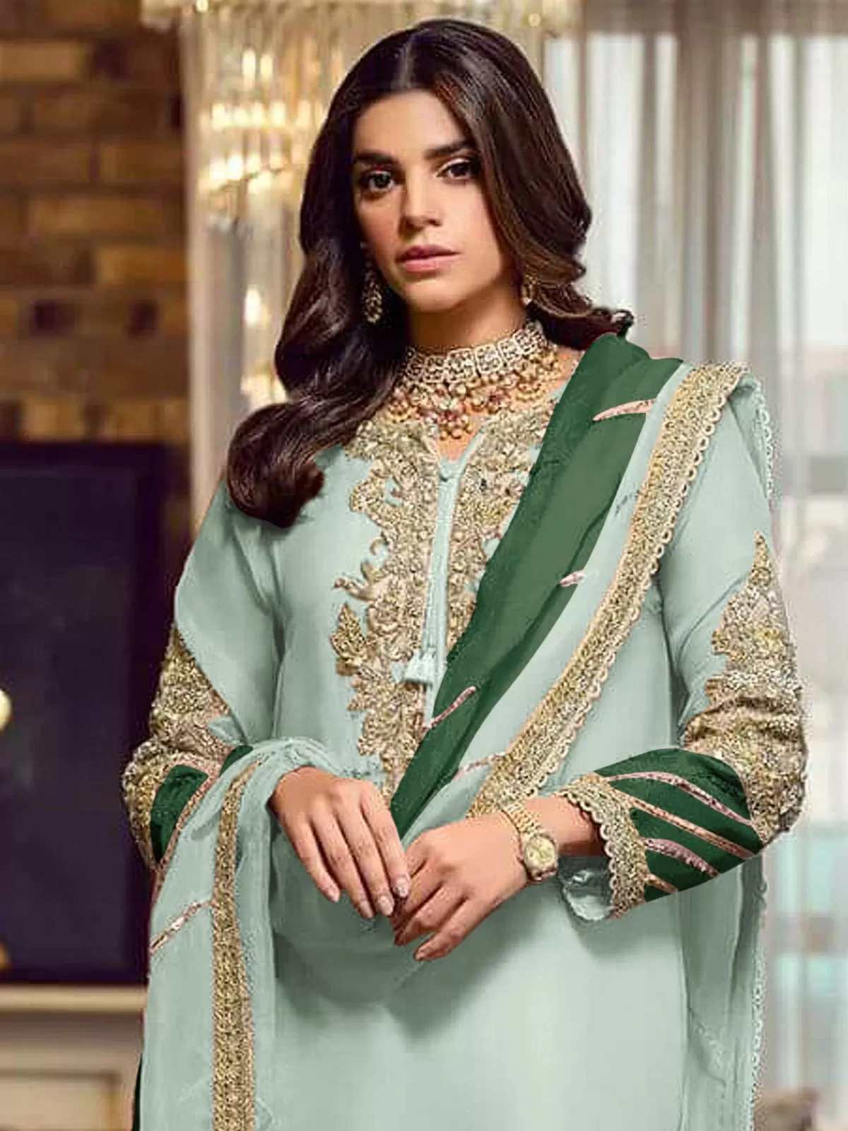 Odette Light Green Georgette Embellished Semi stitched Kurta Set For Women