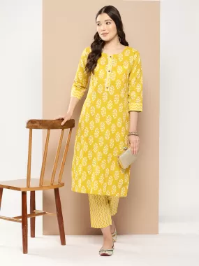 Odette Mustard Cotton Stitched Kurta Set for Women