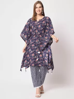 Odette Women Beautiful Dark Blue Cotton Printed Stitched Kurta Set