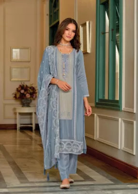 Pleasing Blue Colored Embroidery Salwar Suits With Fancy Dupatta For Women