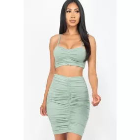 Ruched Crop Top And Skirt Sets