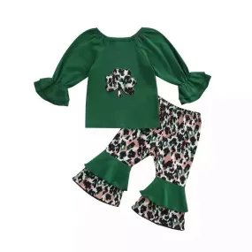 St. Patrick's Day Girls' Four Leaf Grass Flare Sleeve Slotted Neck Top Flare Pants Set