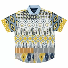 Tallulah Bankhead Yellow Ikat Patchwork Short Sleeve Button Down Shirt