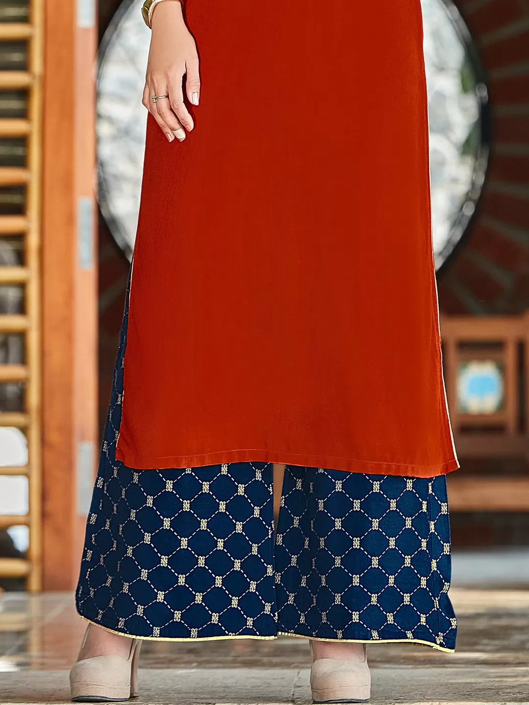 Trendy Red Round Neck Rayon Kurti With Designed Palazzo Pant