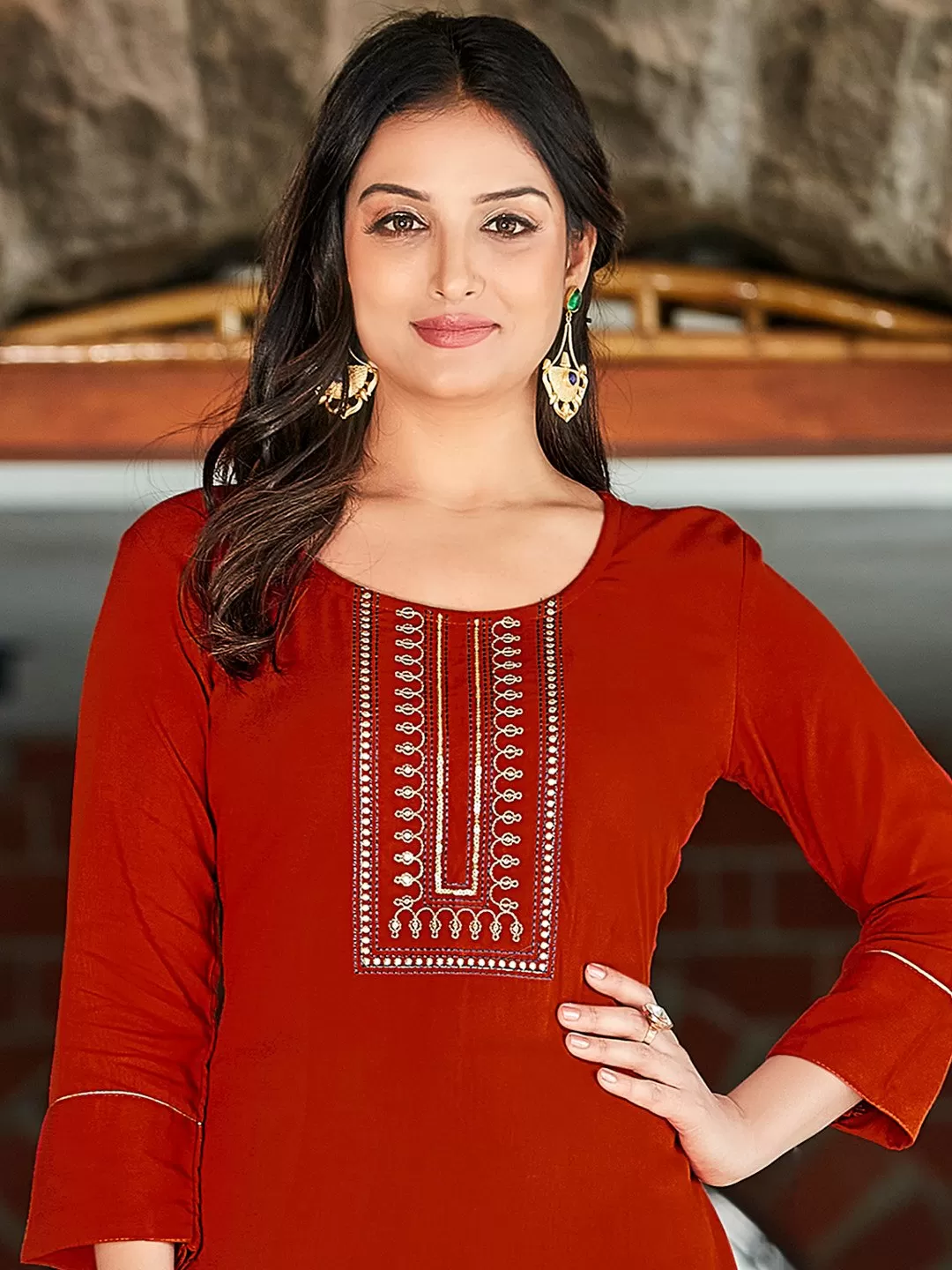 Trendy Red Round Neck Rayon Kurti With Designed Palazzo Pant