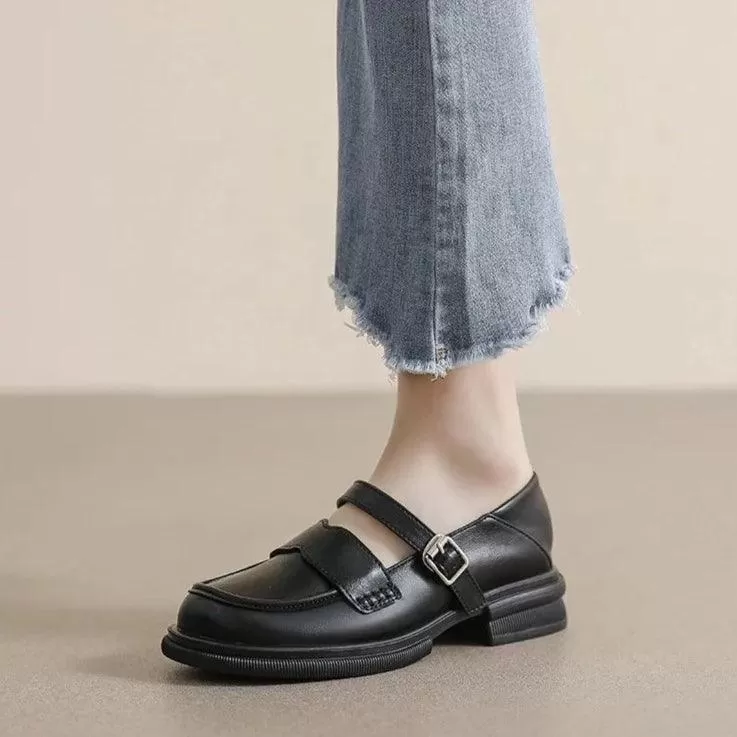 Women's Casual Shoes - CS105-3 Black Low Heel Leather Loafers